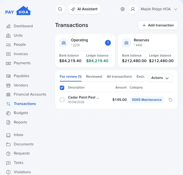 PayHOA Transactions page with a new bank transaction coded to a category for review