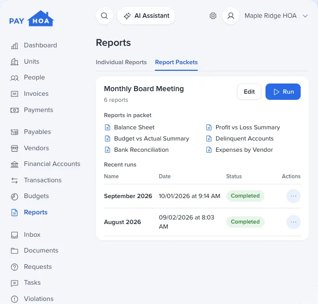 PayHOA Report Packets tab with a monthly board meeting packet of six reports