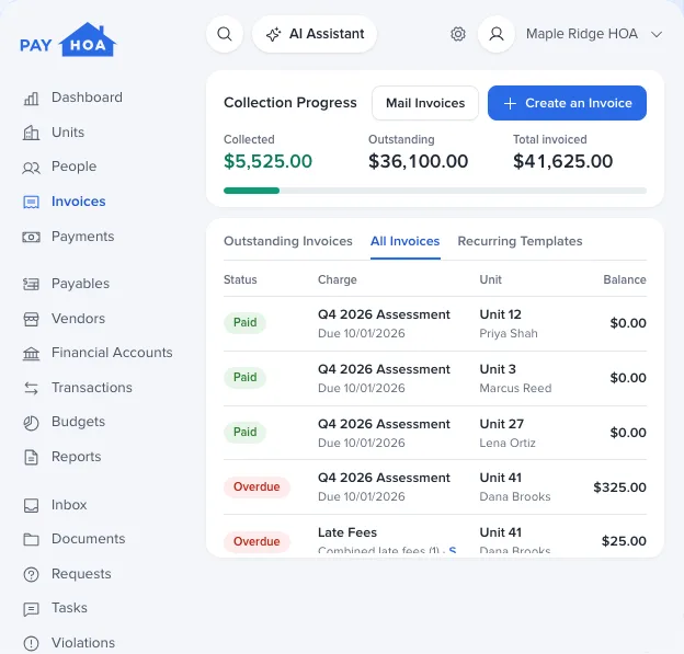 PayHOA Invoices page showing dues collected and each unit’s invoice status