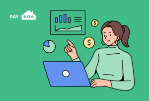 Image of a woman at a laptop using HOA-specific accounting software, which makes budgeting more transparent for her entire community.