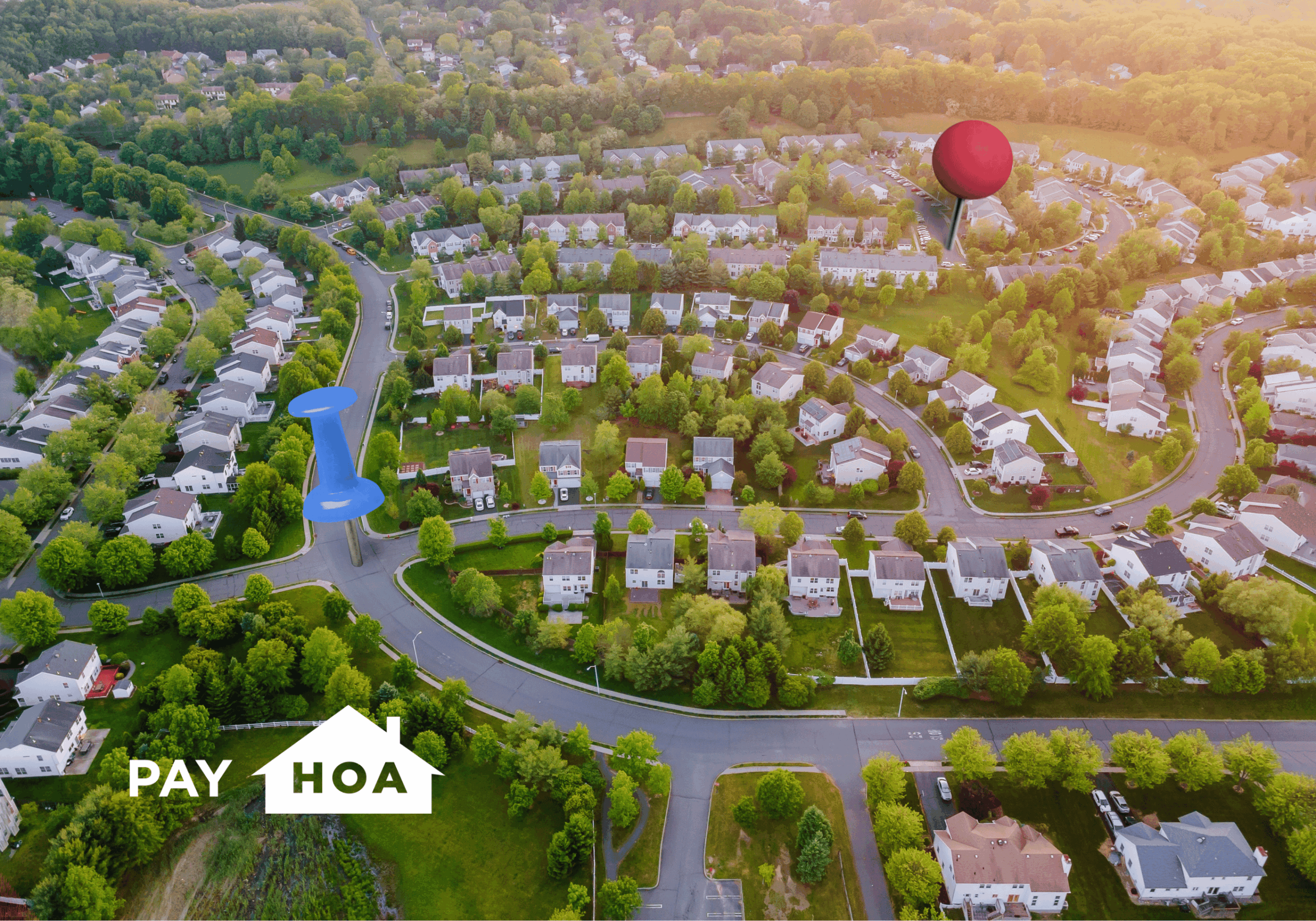 An aerial shot of a neighborhood with giant map pins stuck in the road as if to illustrate, "Property management companies near me"