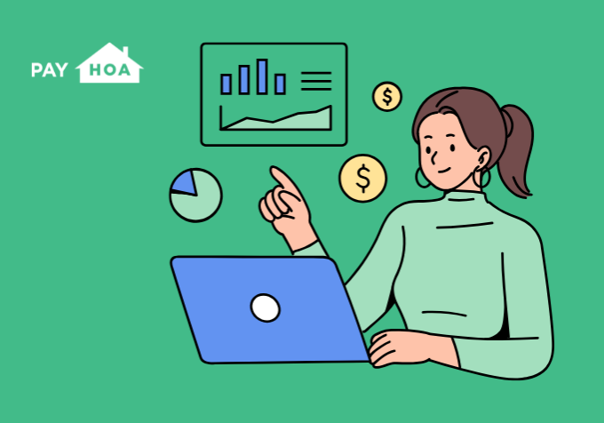 Pay HOA Blog - Top 10 - Header Image of a woman at a laptop using HOA-specific accounting software, which makes budgeting more transparent for her entire community.